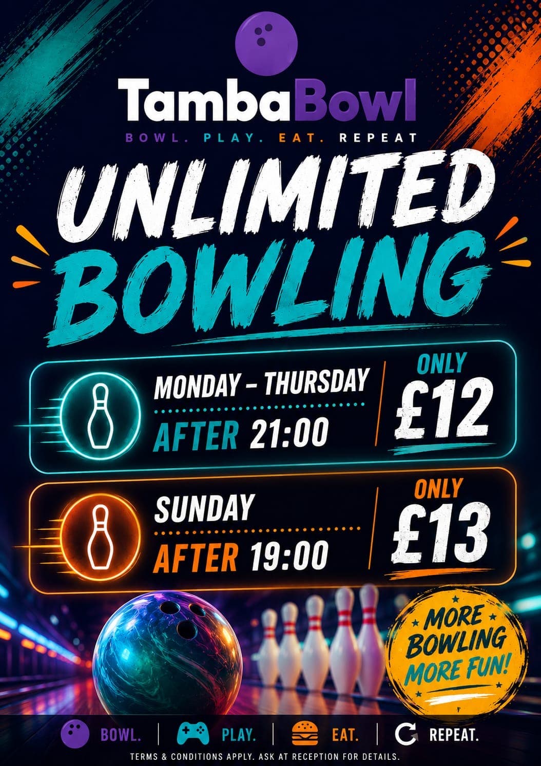 Unlimited Bowling — Mon–Thu after 21:00 for £12, Sunday after 19:00 for £13